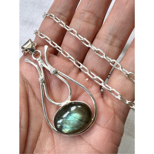 925 BRILLIANT Flash Labradorite Paper Clip Chain Necklace Pendant