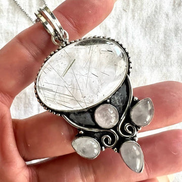 925 FINE Tourmaline Tourmalated Quartz + Moonstone Pendant Necklace