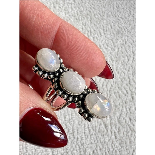 925 Stunning! Triple Moonstone Ornate Ring 5.5