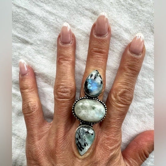 925 Massive! Gorgeous! Rainbow Flash Moonstone w/Black Tourmaline Ring 8.5