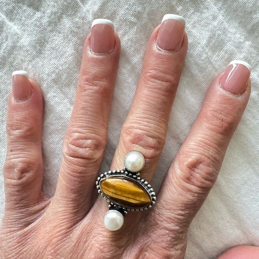 925 Will Power Tigers Eye + Pearl Ring 6.5