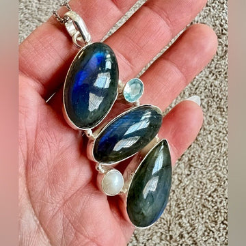 925 Dark Blue Flash Triple Labradorite Pendant Necklace