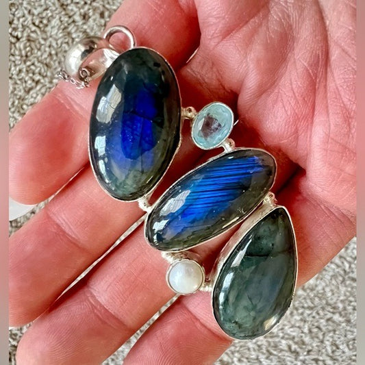 925 Dark Blue Flash Triple Labradorite Pendant Necklace