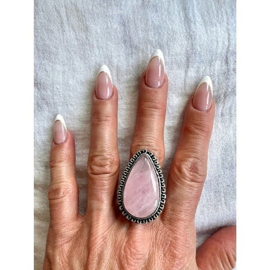 925 LOVE BOMB Rose Quartz Teardrop Ring 8
