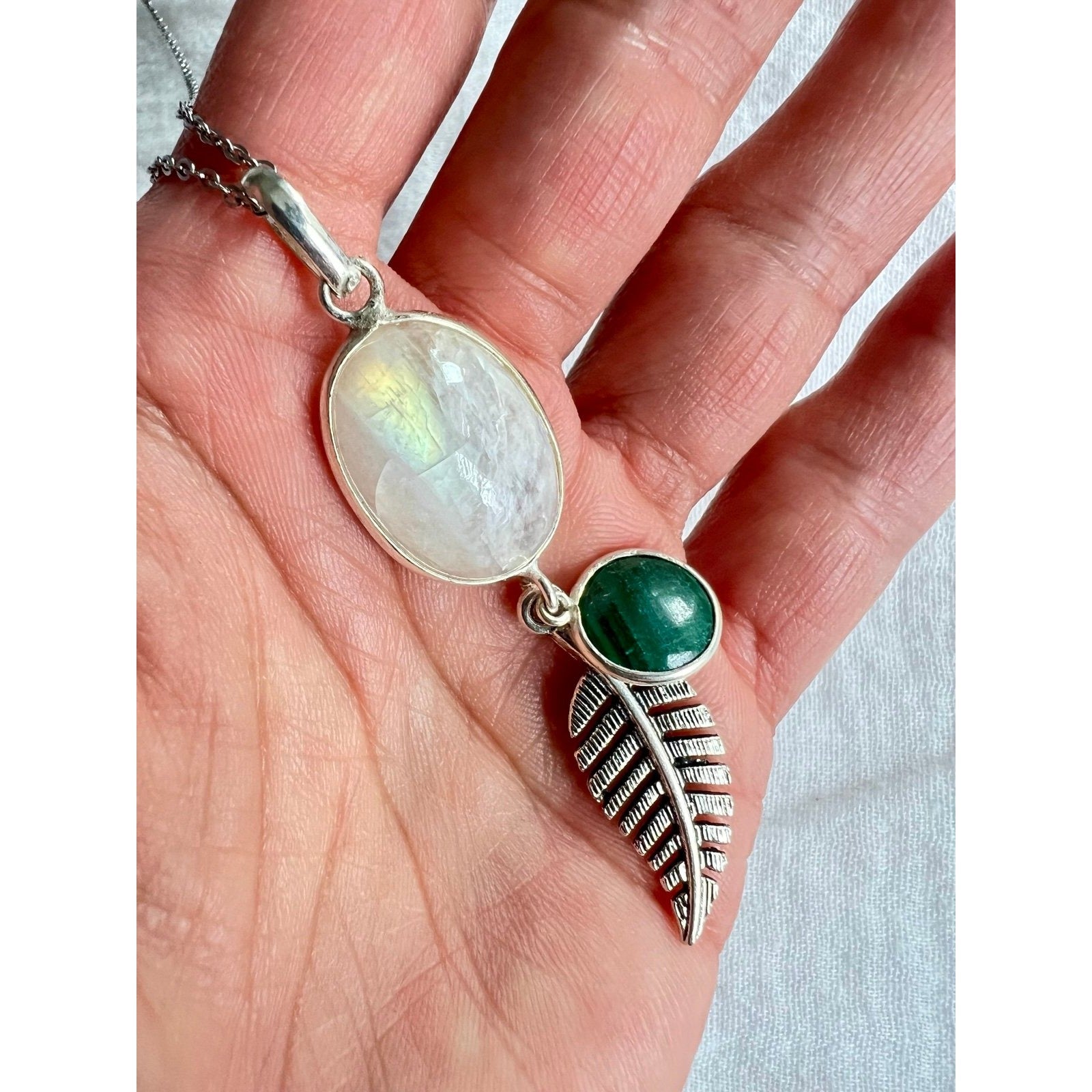 925 Spirit Feather Rainbow Flash Moonstone + Malachite Necklace Pendant