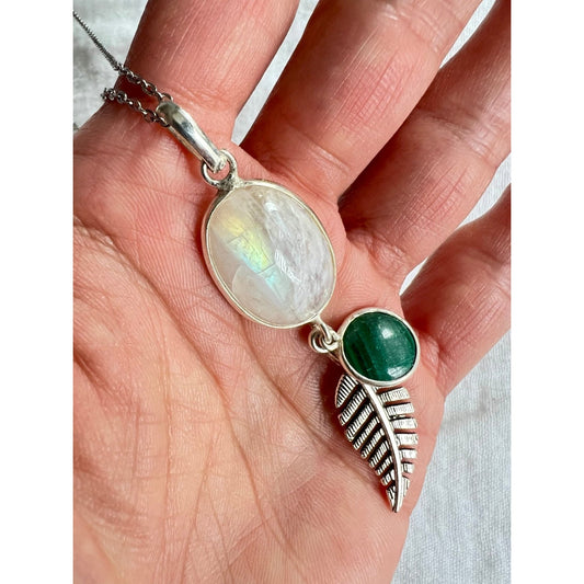 925 Spirit Feather Rainbow Flash Moonstone + Malachite Necklace Pendant