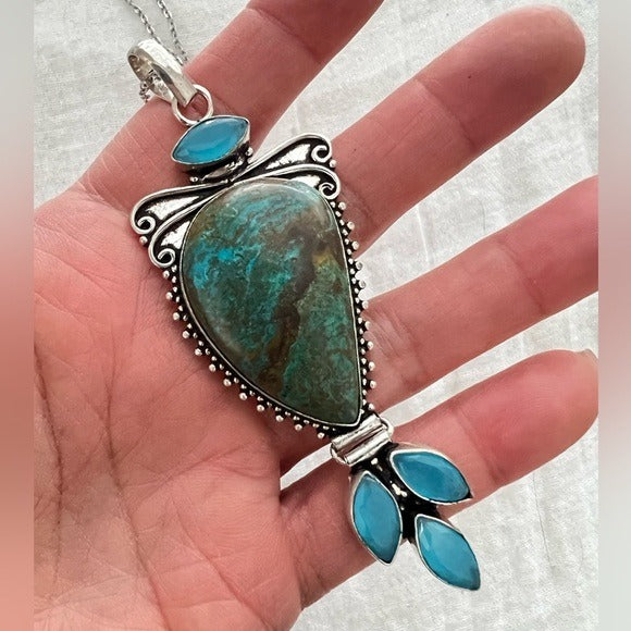 925 AMAZING! Gorgeous Chrysocolla + Chalcedony Pendant Necklace