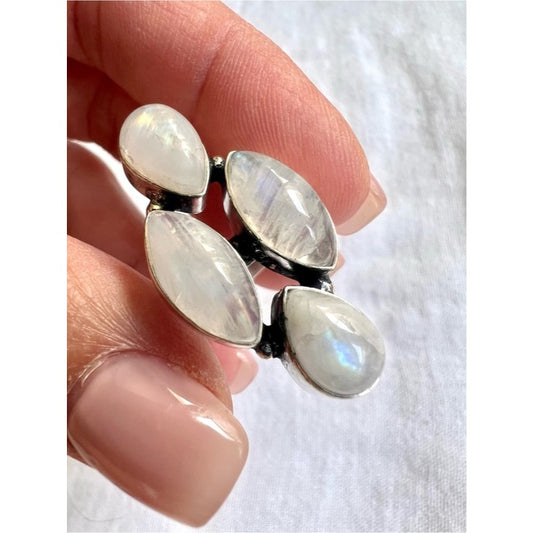 925 Long 4 Stone Elegant Rainbow Moonstone Ring 10