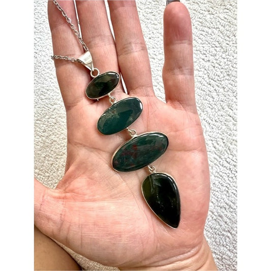 925 Strength Stone BLOODSTONE Long Cleavage Pendant Necklace