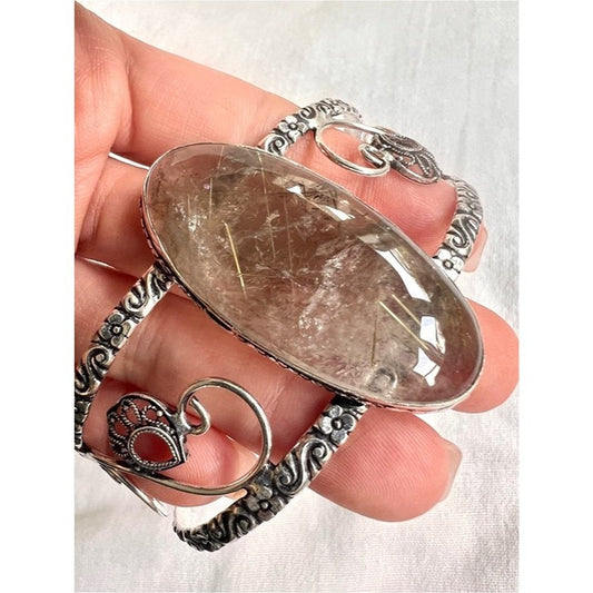 925 Divine Light! GOLDEN Rutile Rutilated SMOKY Quartz Cuff Bracelet