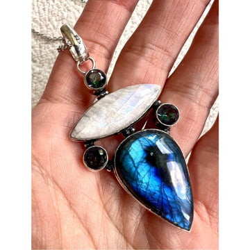 925 Celestial Blue Fire Flash Labradorite + Moonstone + Mystic Topaz Necklace