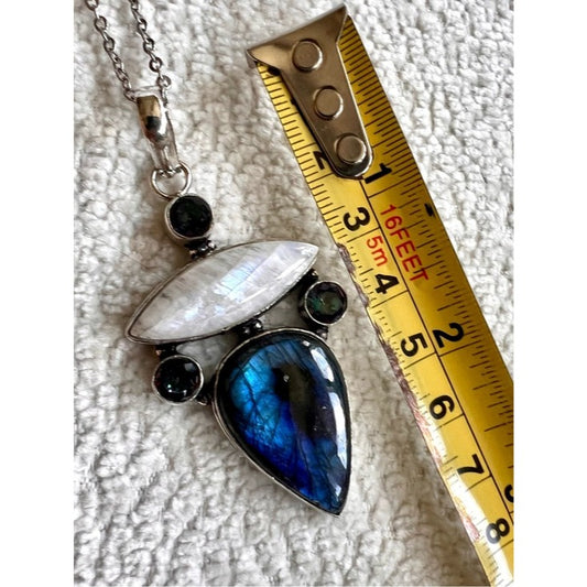 925 Celestial Blue Fire Flash Labradorite + Moonstone + Mystic Topaz Necklace