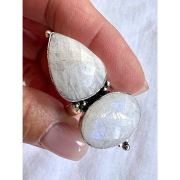 925 Faceted Rainbow Moonstone Subtle Flash Large Stone Ring 6.75