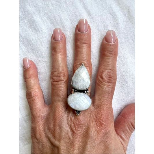925 Faceted Rainbow Moonstone Subtle Flash Large Stone Ring 6.75