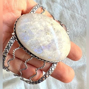 925 HUGE! Subtle Flash Rainbow Moonstone Cuff Bracelet