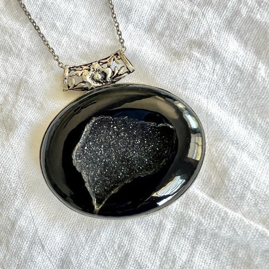 925 Protection Black ONYX Druzy Crystal Necklace Pendant