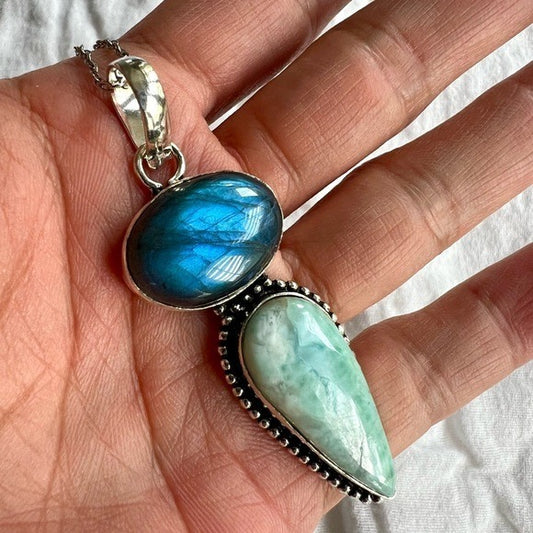 925 OH MY!  LARIMAR + Blue FLASH Labradorite Pendant Necklace