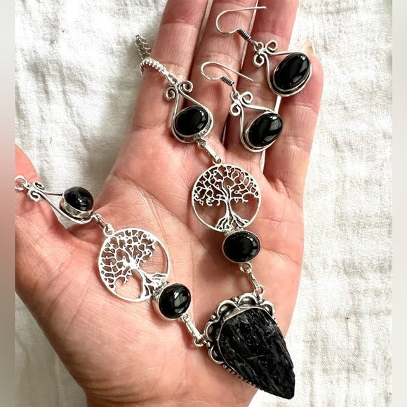 925 Necklace + Earring SET! Tree of Life Black Tourmaline + Onyx