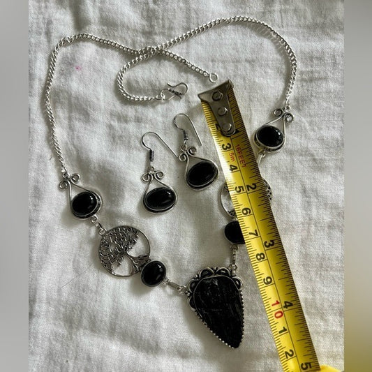 925 Necklace + Earring SET! Tree of Life Black Tourmaline + Onyx