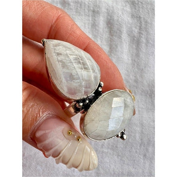 925 OMG HUGE Gorgeous! Double Rainbow Moonstone Ring 6.5