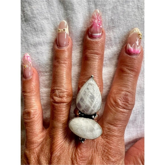 925 OMG HUGE Gorgeous! Double Rainbow Moonstone Ring 6.5