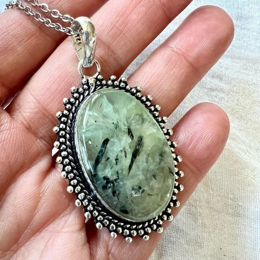 925 Moss Prehnite Stunning Cabachon Pendant Necklace