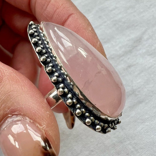 925 BOHEMIAN Rose Quart Teardrop Ring 9