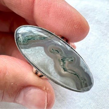 925 WOW! Earth Stone Moss Agate Dendrite Ring 7