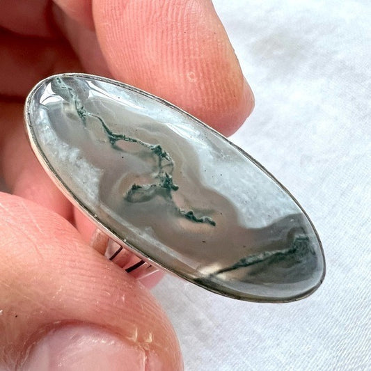 925 WOW! Earth Stone Moss Agate Dendrite Ring 7