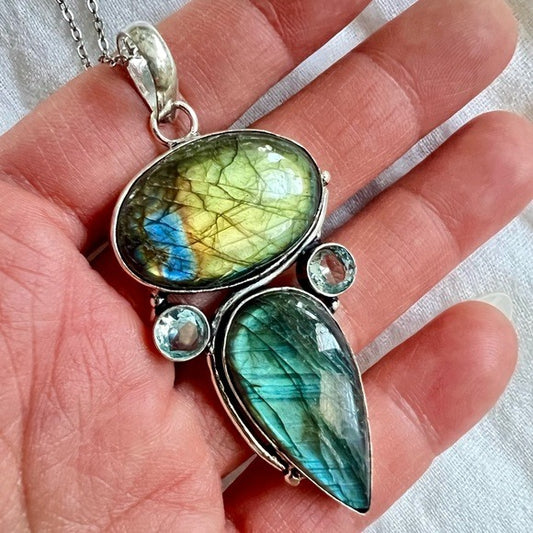 925 Double Flash Labradorite + Topaz Necklace Pendant